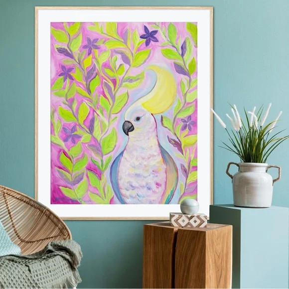 Cockatoo Hairdo Art Print Oil Painting tropical bird plants flowers whimsical - Picture 8 of 10